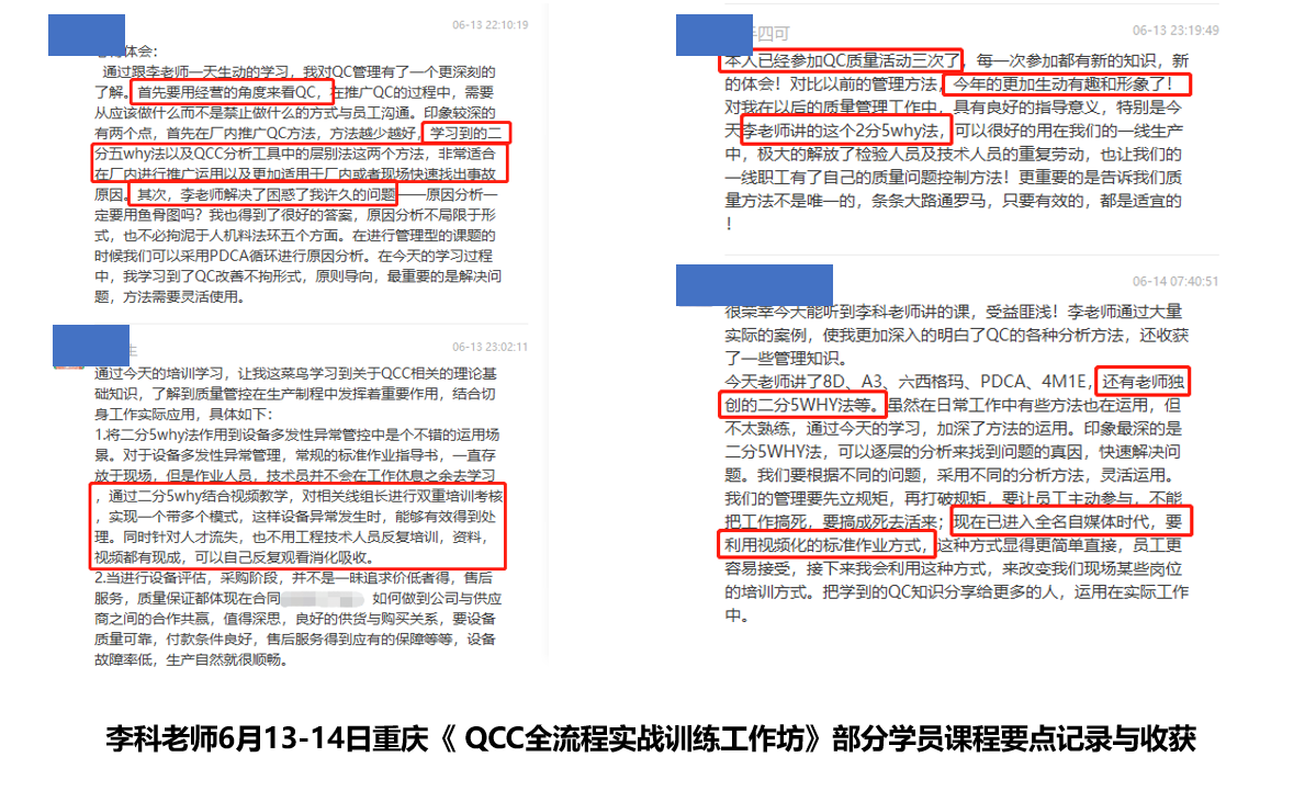 李科老师2022年6月13-14日在重庆给机电企业讲授《QCC全流程实战训练工作坊》的课程圆满结束！